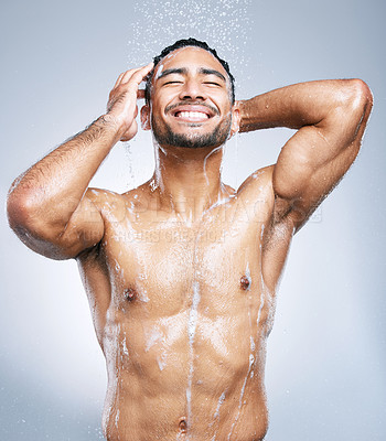 Buy stock photo Man in shower with smile, cleaning and soap for hygiene with shampoo, healthy body and studio backdrop. Water, skin and hair care, happy male model washing with foam on background with bathroom spa.