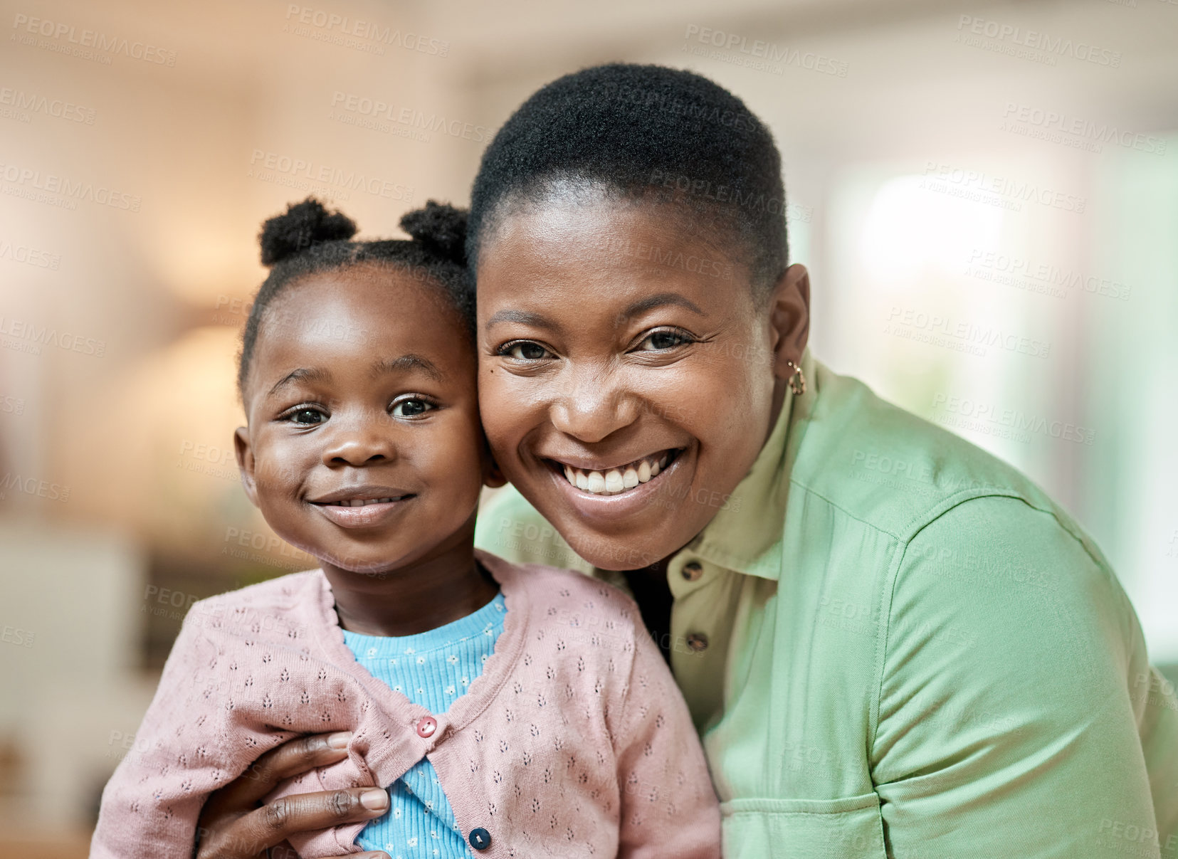 Buy stock photo Happy, relax and portrait of mom with child in home with bonding, love and connection. Smile, calm and African woman with girl toddler in living room on weekend together for mothers day in apartment.