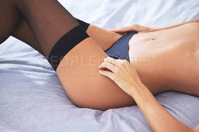 Buy stock photo Woman, stomach and lingerie in bedroom for relax, body and seduction with comfort in apartment. Female person, underwear and sexy in home with confidence for figure, skin and summer in New York