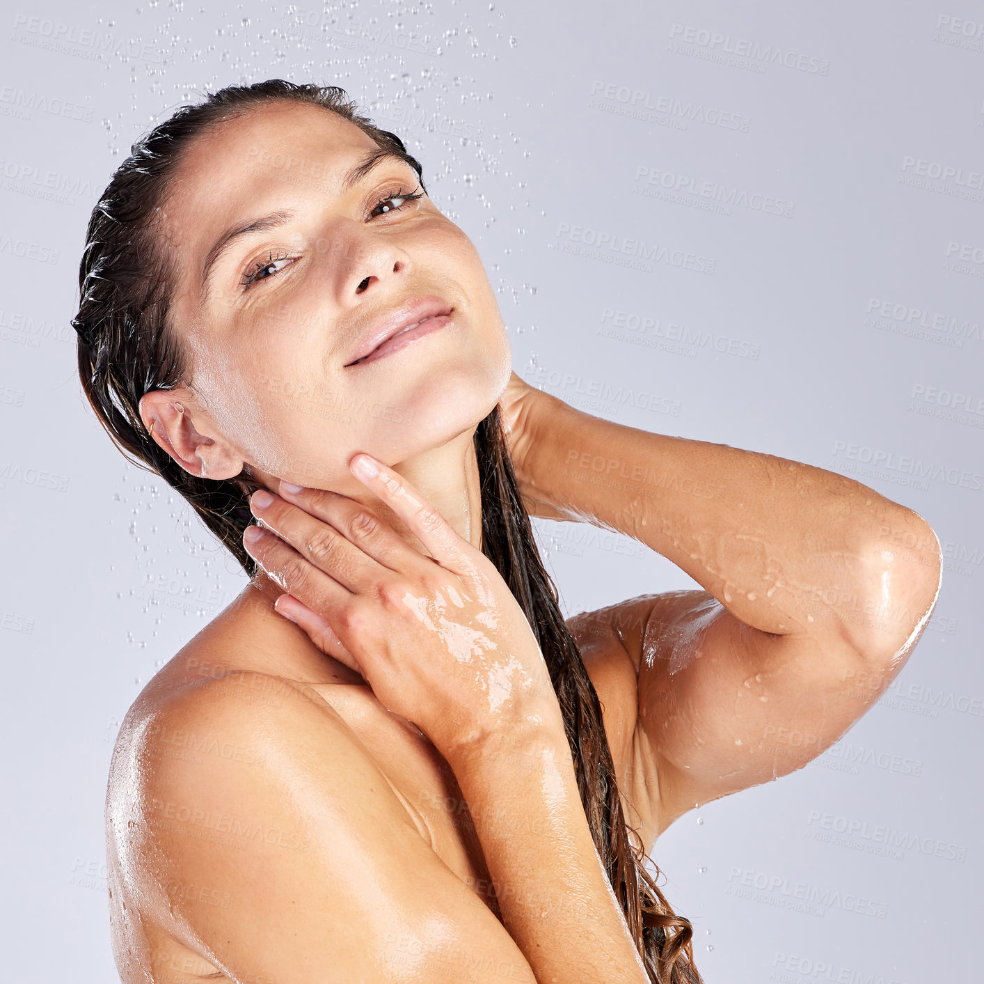 Buy stock photo Shower, hair care and woman in studio with portrait for shampoo, water drops or hygiene on white background. Clean, body and female model washing for natural treatment, wellness or morning routine