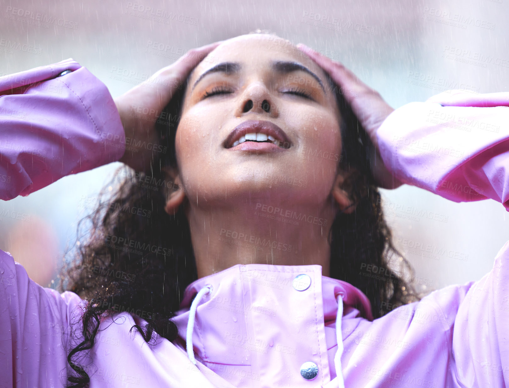 Buy stock photo Calm, woman and rain in winter with gratitude, freedom and wellness in storm or city. Female person, water splash and zen for travel or commute on sidewalk with mindfulness and meditation in New York