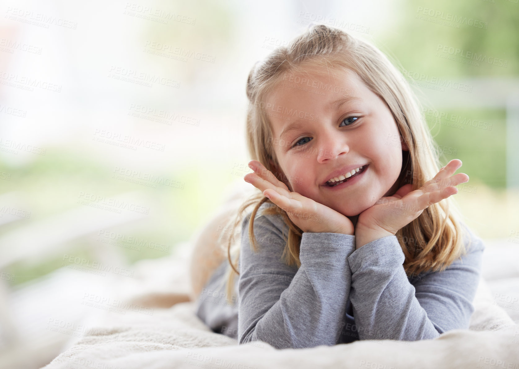 Buy stock photo Portrait, childhood and young girl in bedroom for relax, holiday and smile for weekend in home. Kid, happy and vacation in countryside for development, fun and hands in house for resting and dreaming