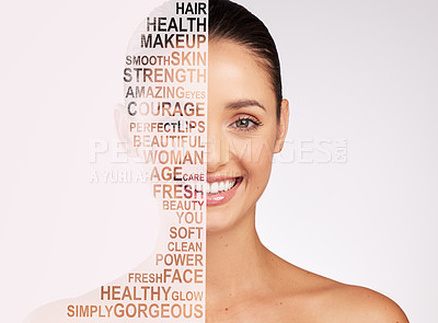 Buy stock photo Beauty, makeup and text overlay with portrait of woman for cosmetics, natural and letter. Happy, mockup space and self care with face of female model on white background for glow, health and spa