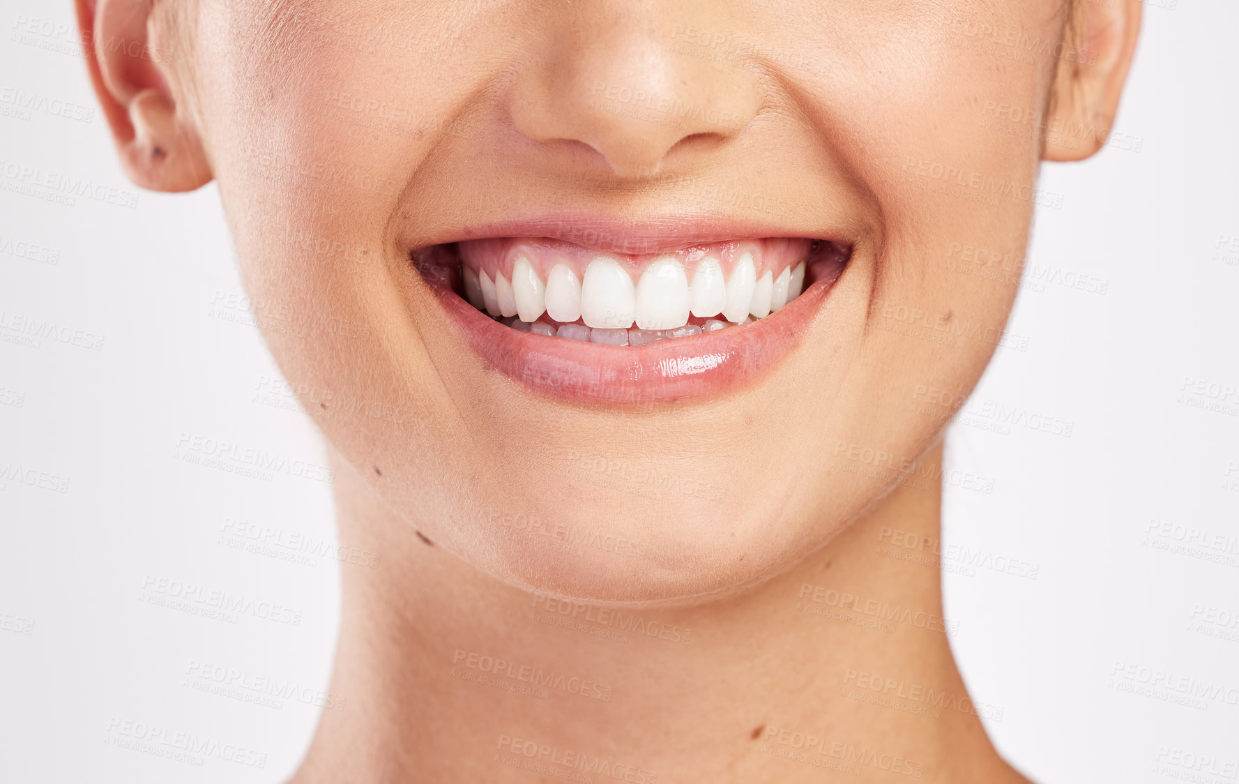 Buy stock photo Woman, mouth and teeth in studio for oral health, dental care and orthodontics isolated on white background. Female person, smile and tooth whitening or hygiene, veneers and self care for wellness