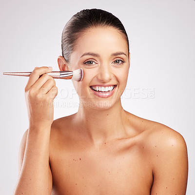 Buy stock photo Woman, brush and portrait for skincare in studio, makeover and highlight on white background. Female person, cosmetics tool and foundation or contour powder, beauty and facial treatment for glow