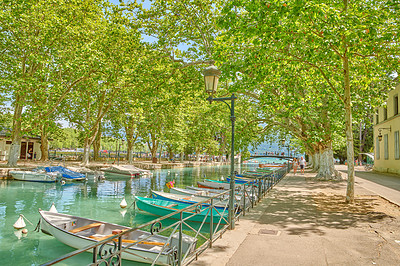 Buy stock photo Editorial: Annecy, France, July, 17, 2019: Houses and street life in the famous medieval part of the city of Annecy, Department of Upper Savoy, France.