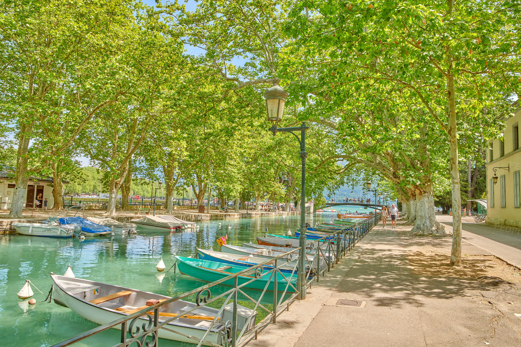 Buy stock photo Editorial: Annecy, France, July, 17, 2019: Houses and street life in the famous medieval part of the city of Annecy, Department of Upper Savoy, France.