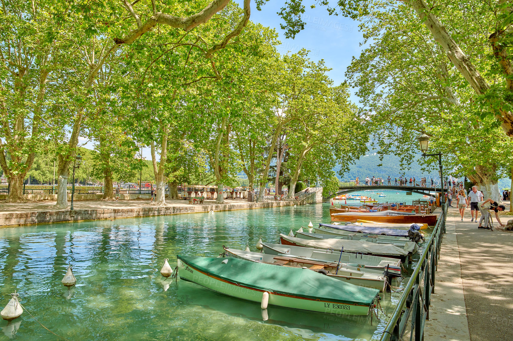 Buy stock photo Editorial: Annecy, France, July, 17, 2019: Houses and street life in the famous medieval part of the city of Annecy, Department of Upper Savoy, France.