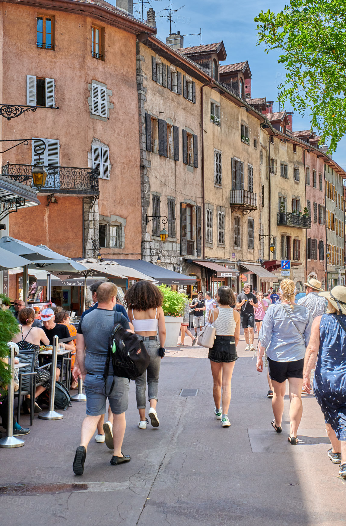 Buy stock photo Editorial: Annecy, France, July, 17, 2019: Houses and street life in the famous medieval part of the city of Annecy, Department of Upper Savoy, France.