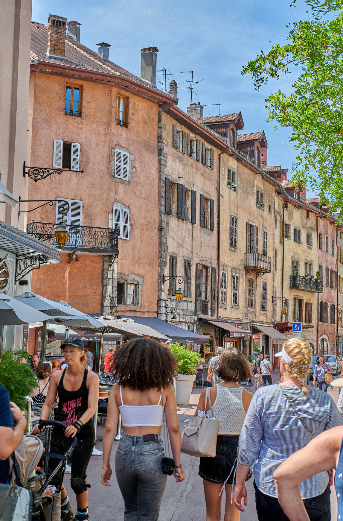 Buy stock photo Annecy, France, July, 17, 2019: Houses and street life in the famous medieval part of the city of Annecy, Department of Upper Savoy, France.Editorial: Annecy, France, July, 17, 2019: Houses and street life in the famous medieval part of the city of Annecy, Department of Upper Savoy, France.