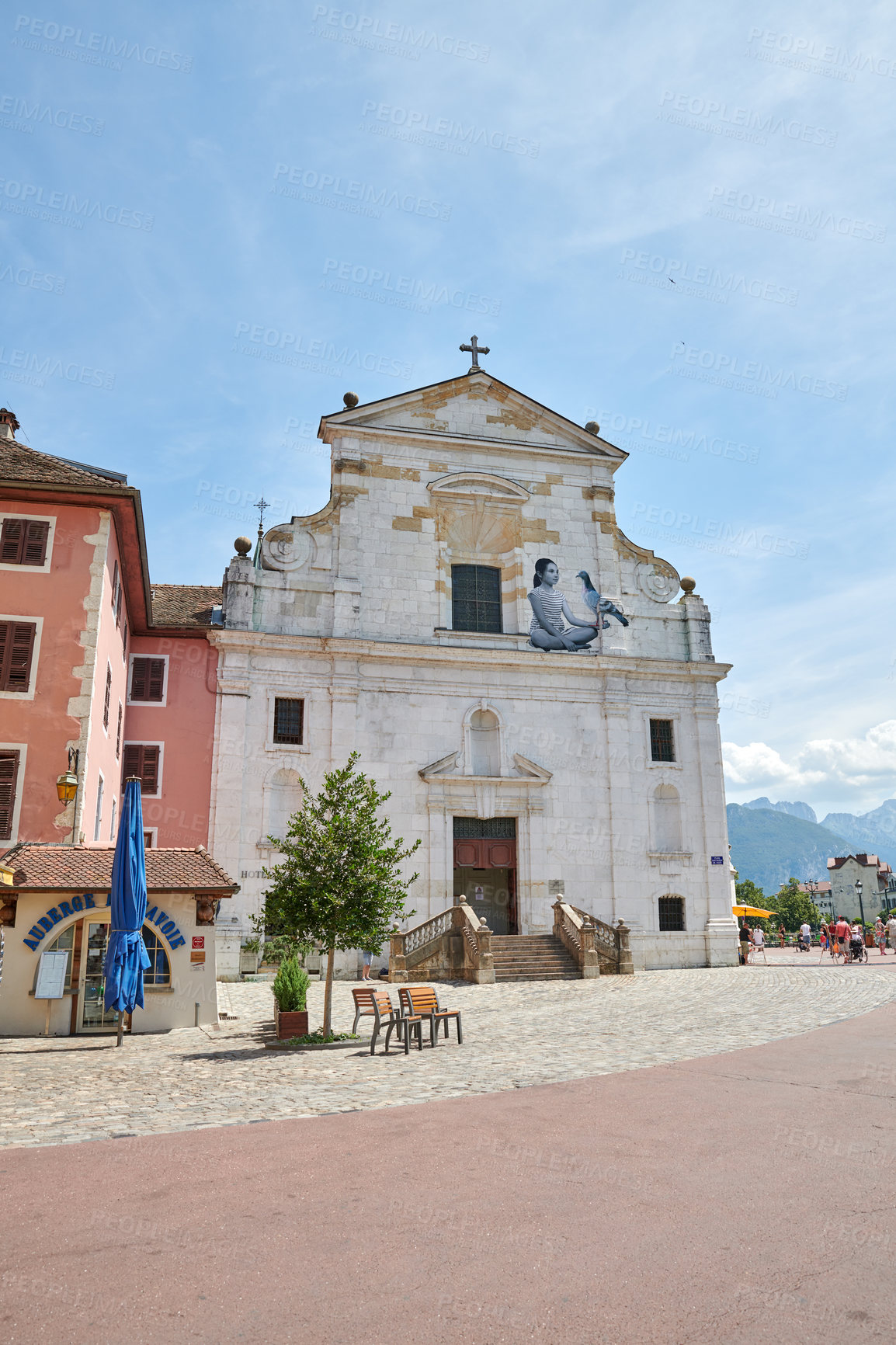 Buy stock photo Historic, architecture and church with art in city, Roman Catholic and Christian travel destination. Chapel, space and vintage building of worship, tourism and people on holiday adventure in Venice