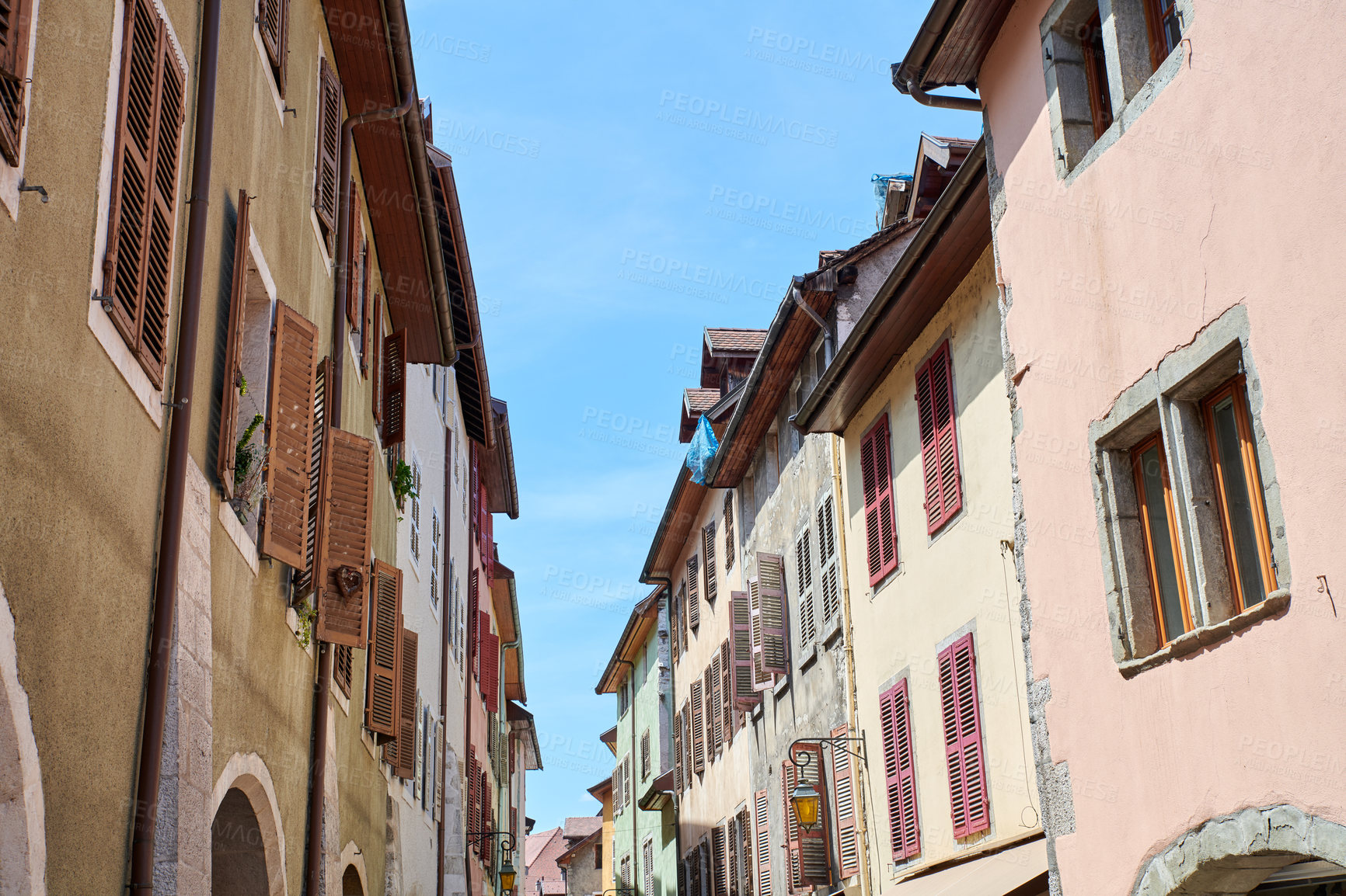 Buy stock photo Editorial: Annecy, France, July, 17, 2019: Houses and street life in the famous medieval part of the city of Annecy, Department of Upper Savoy, France.