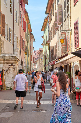 Buy stock photo Annecy, France, July, 17, 2019: Houses and street life in the famous medieval part of the city of Annecy, Department of Upper Savoy, France.Editorial: Annecy, France, July, 17, 2019: Houses and street life in the famous medieval part of the city of Annecy, Department of Upper Savoy, France.