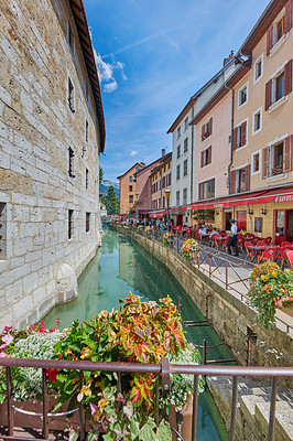 Buy stock photo Annecy, France, July, 17, 2019: Houses and street life in the famous medieval part of the city of Annecy, Department of Upper Savoy, France.Editorial: Annecy, France, July, 17, 2019: Houses and street life in the famous medieval part of the city of Annecy, Department of Upper Savoy, France.