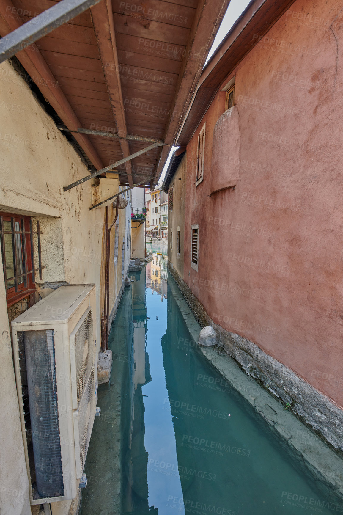 Buy stock photo Architecture, building and home on canal in France for design, scenery and tourist destination. Background, travel and property by water way in town for aesthetic, location and structure outdoor