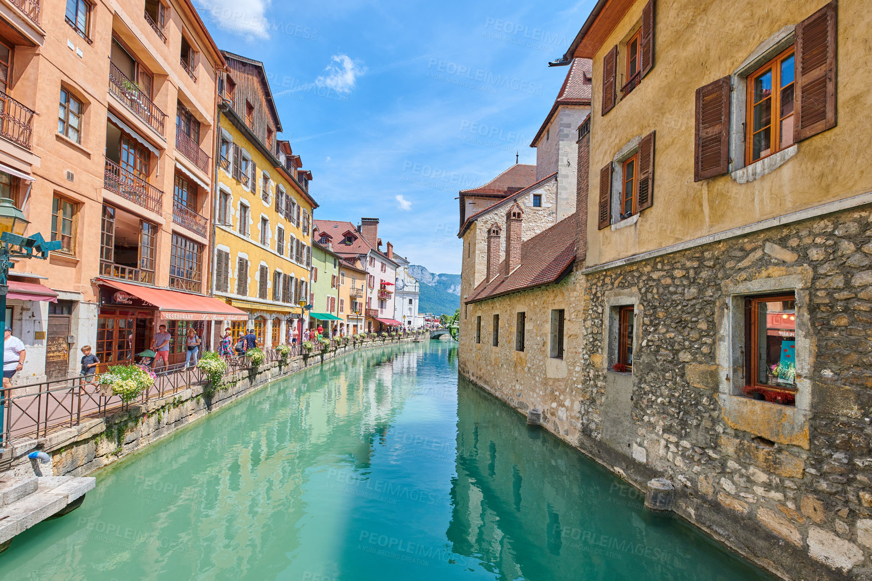 Buy stock photo Houses, canal and tourism in city, nature and vacation for getaway trip, water and location. Travel, river or buildings with architecture, neighborhood or summer holiday for journey or destination