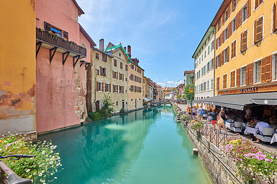 Buy stock photo Annecy, France, July, 17, 2019: Houses and street life in the famous medieval part of the city of Annecy, Department of Upper Savoy, France.Editorial: Annecy, France, July, 17, 2019: Houses and street life in the famous medieval part of the city of Annecy, Department of Upper Savoy, France.