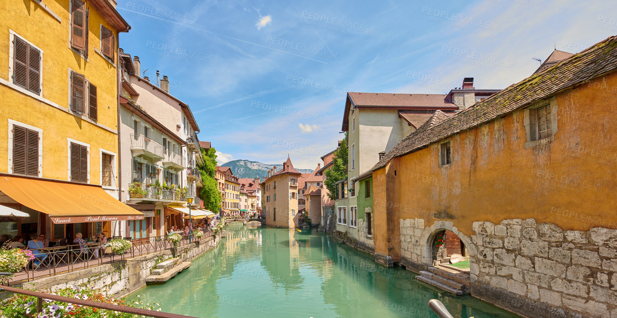 Buy stock photo Annecy, France, July, 17, 2019: Houses and street life in the famous medieval part of the city of Annecy, Department of Upper Savoy, France.Editorial: Annecy, France, July, 17, 2019: Houses and street life in the famous medieval part of the city of Annecy, Department of Upper Savoy, France.