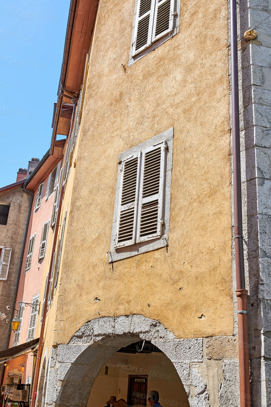 Buy stock photo Annecy, France, July, 17, 2019: Houses and street life in the famous medieval part of the city of Annecy, Department of Upper Savoy, France.Editorial: Annecy, France, July, 17, 2019: Houses and street life in the famous medieval part of the city of Annecy, Department of Upper Savoy, France.