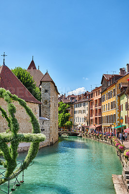 Buy stock photo Annecy, France, July, 17, 2019: Houses and street life in the famous medieval part of the city of Annecy, Department of Upper Savoy, France.Editorial: Annecy, France, July, 17, 2019: Houses and street life in the famous medieval part of the city of Annecy, Department of Upper Savoy, France.