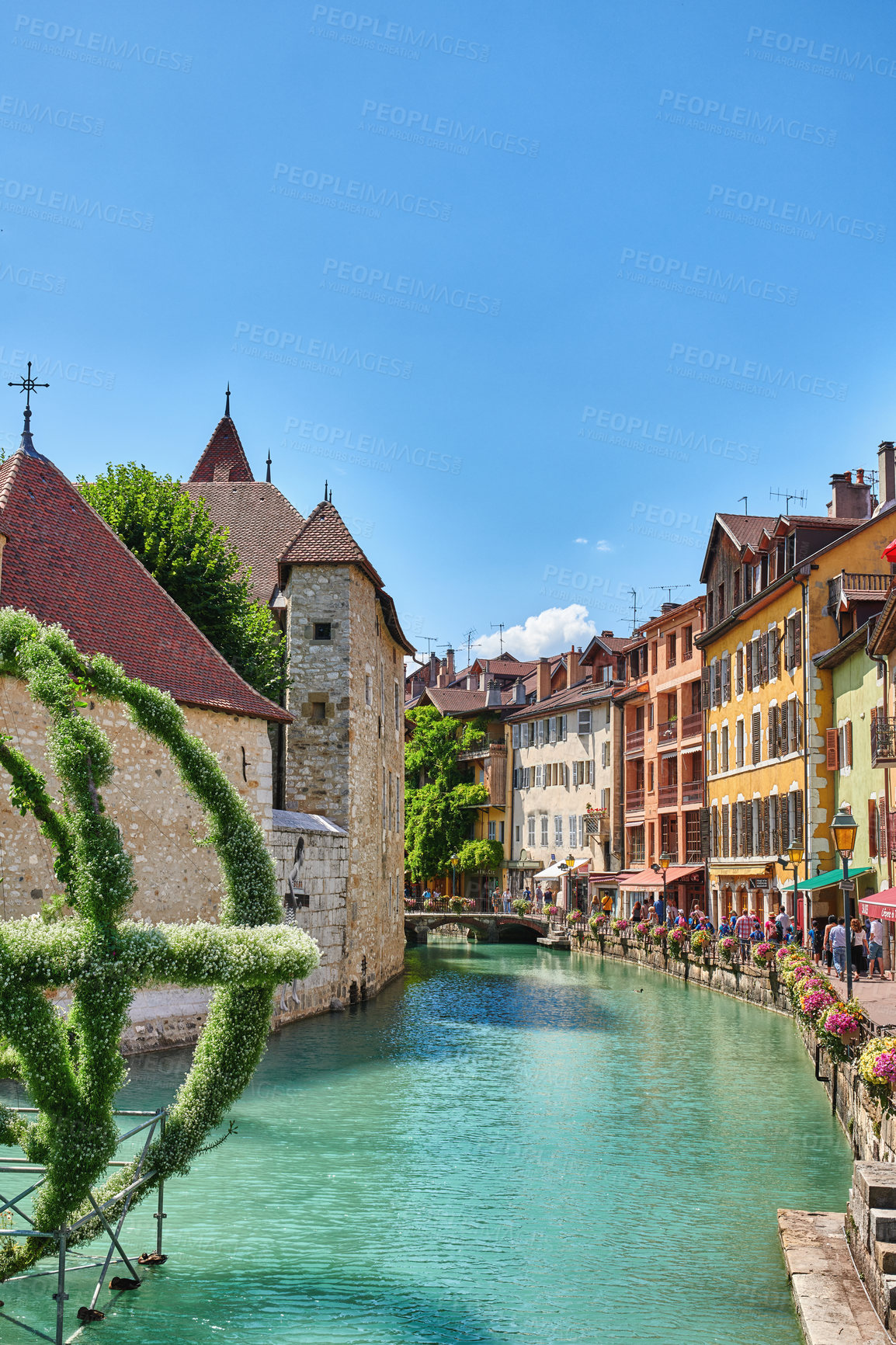 Buy stock photo Annecy, France, July, 17, 2019: Houses and street life in the famous medieval part of the city of Annecy, Department of Upper Savoy, France.Editorial: Annecy, France, July, 17, 2019: Houses and street life in the famous medieval part of the city of Annecy, Department of Upper Savoy, France.