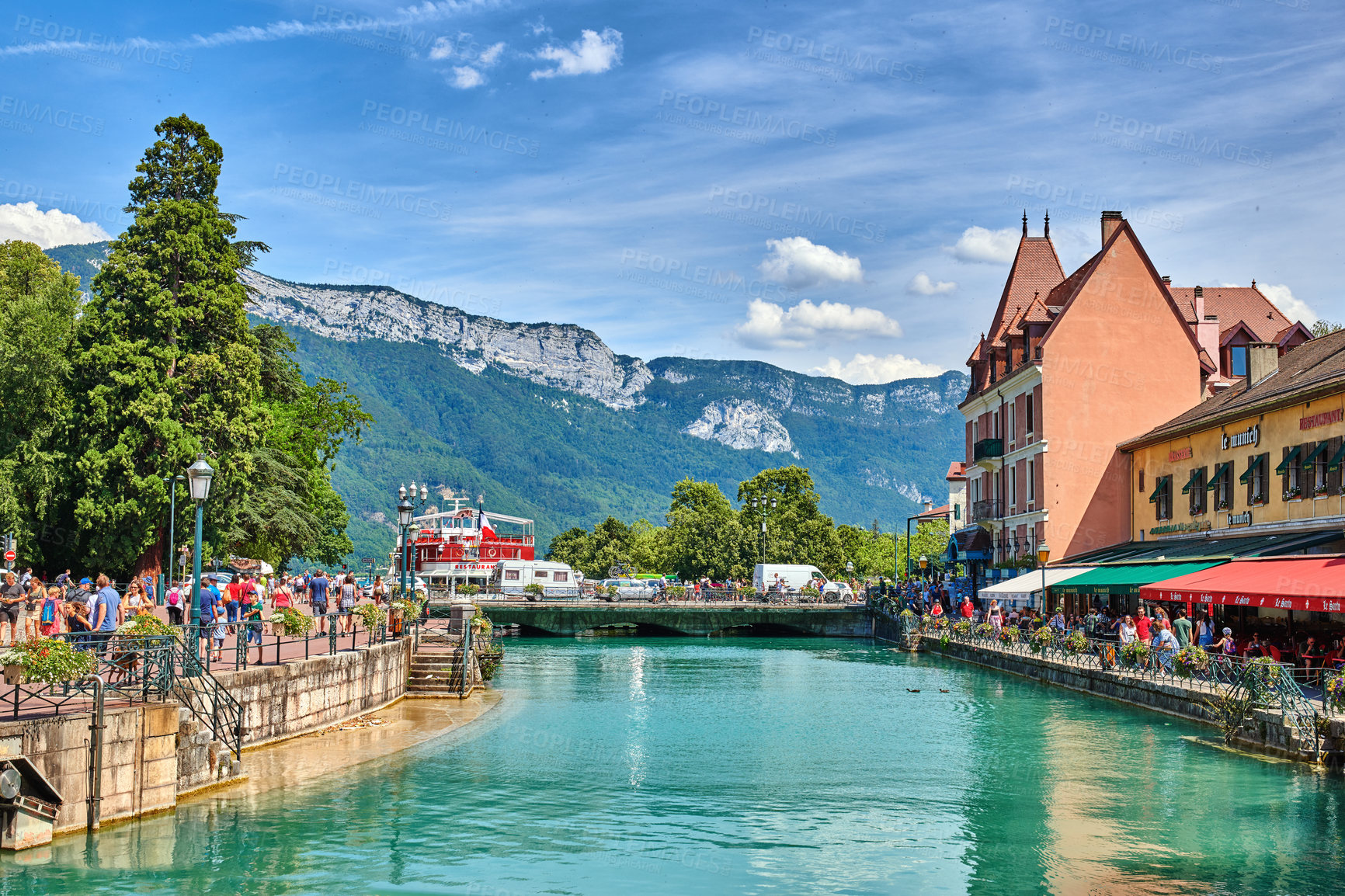 Buy stock photo Annecy, France, July, 17, 2019: Houses and street life in the famous medieval part of the city of Annecy, Department of Upper Savoy, France.Editorial: Annecy, France, July, 17, 2019: Houses and street life in the famous medieval part of the city of Annecy, Department of Upper Savoy, France.