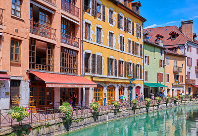 Buy stock photo Annecy, France, July, 17, 2019: Houses and street life in the famous medieval part of the city of Annecy, Department of Upper Savoy, France.Editorial: Annecy, France, July, 17, 2019: Houses and street life in the famous medieval part of the city of Annecy, Department of Upper Savoy, France.