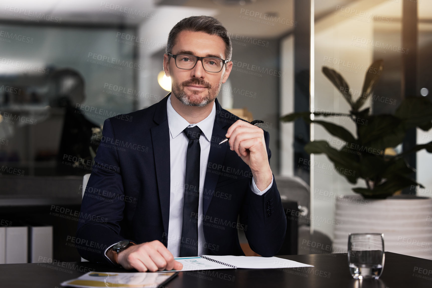 Buy stock photo Businessman, desk and portrait with notes in office with consult for client in accounting. Financial advisor, workstation and auditor for company with corporate for management with confidence