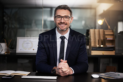 Buy stock photo Happy, portrait and mature businessman in office of startup corporate finance firm or company, professional and proud. Male entrepreneur or ceo of agency, pride and confident for business growth.