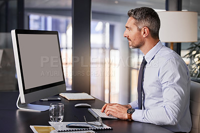 Buy stock photo Computer, email and report with a business man typing while sitting at a desk in his office at work. Planning, research and technology with a male manager working online for finance or accounting