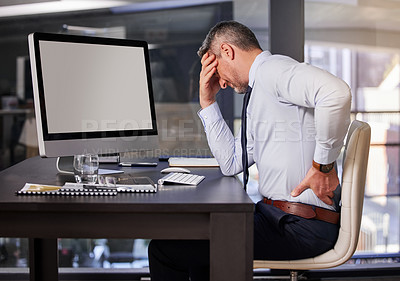Buy stock photo Computer, desk and business man with back pain in office from anatomy emergency or bad posture. Corporate, burnout or medical and professional person with spine injury at table in company workplace
