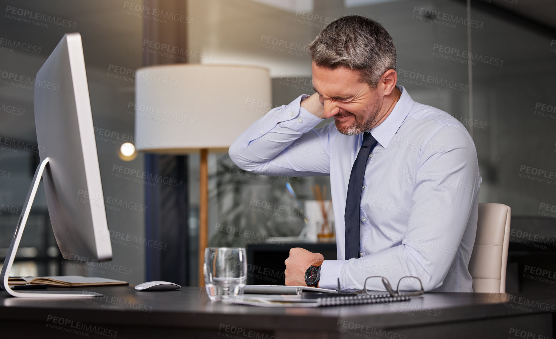 Buy stock photo Corporate, mature man and office with neck pain or stress  for deadline and business concern. Project manager, boss and stiffness with tension or pressure for company or career growth and frustrated

