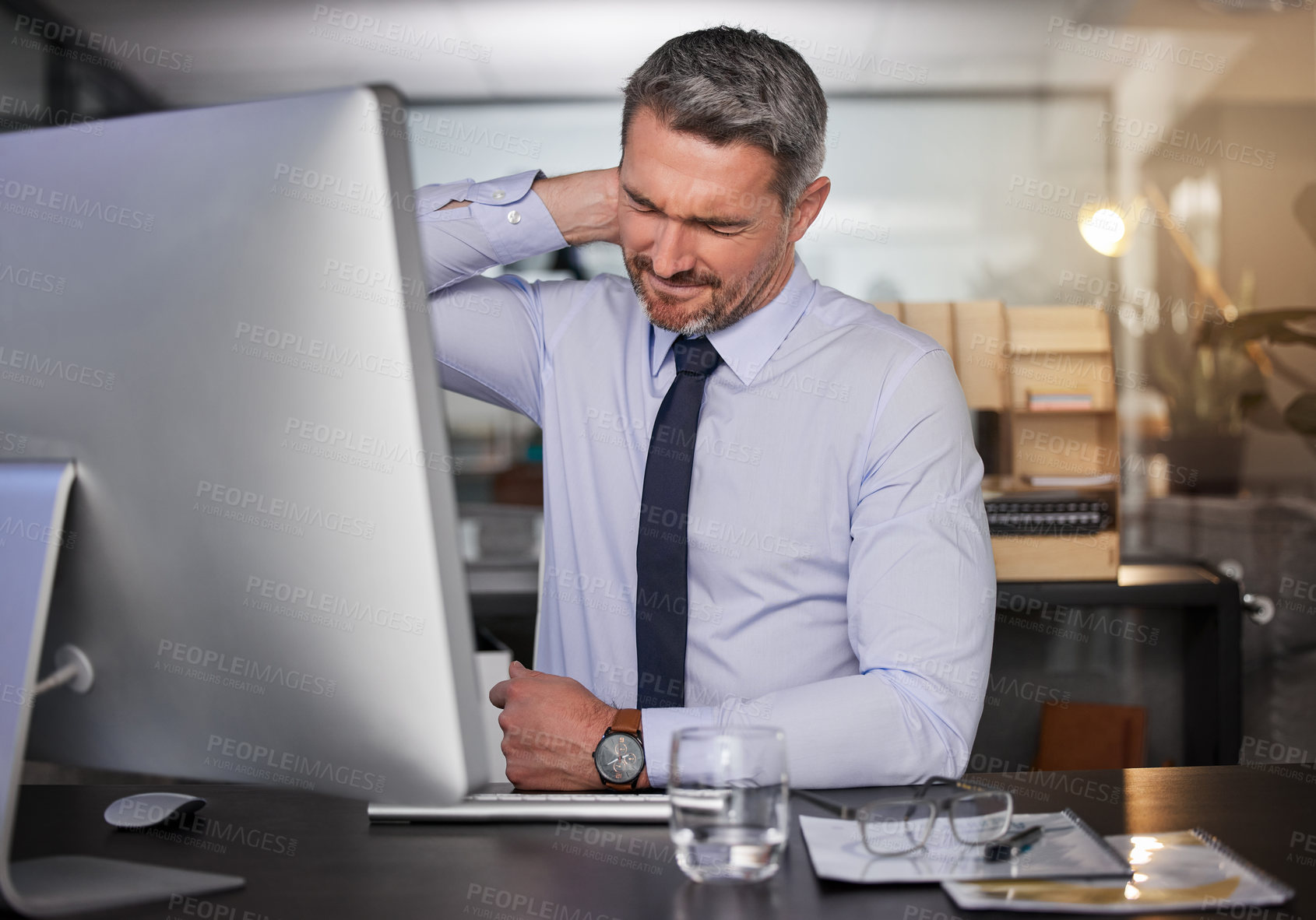 Buy stock photo Business, mature man and office with neck pain or stress  for deadline and work concern. Project manager, boss and injury with muscle tension or burnout for company or career growth and frustrated