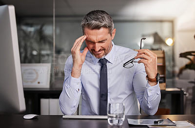 Buy stock photo Corporate, mature man and office with headache or stress  for deadline and business concern. Project manager, boss and pain with tension or pressure for company or career growth and frustrated