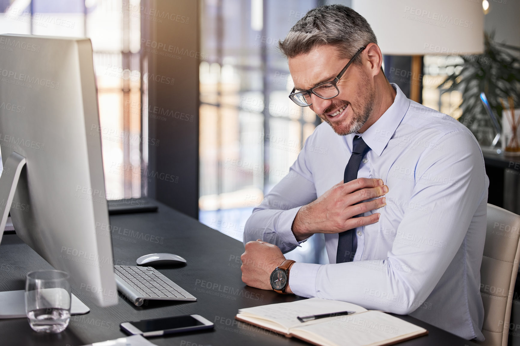 Buy stock photo Corporate, mature man and office with chest pain for anxiety and business concern. Project manager, boss and cardiac ache or heart attack with tension or pressure with company or career growth