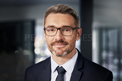 Buy stock photo Happy, portrait and mature man in office of startup law firm or company, professional and proud. Businessman, entrepreneur and ceo of legal agency, pride and confident for growth of business.