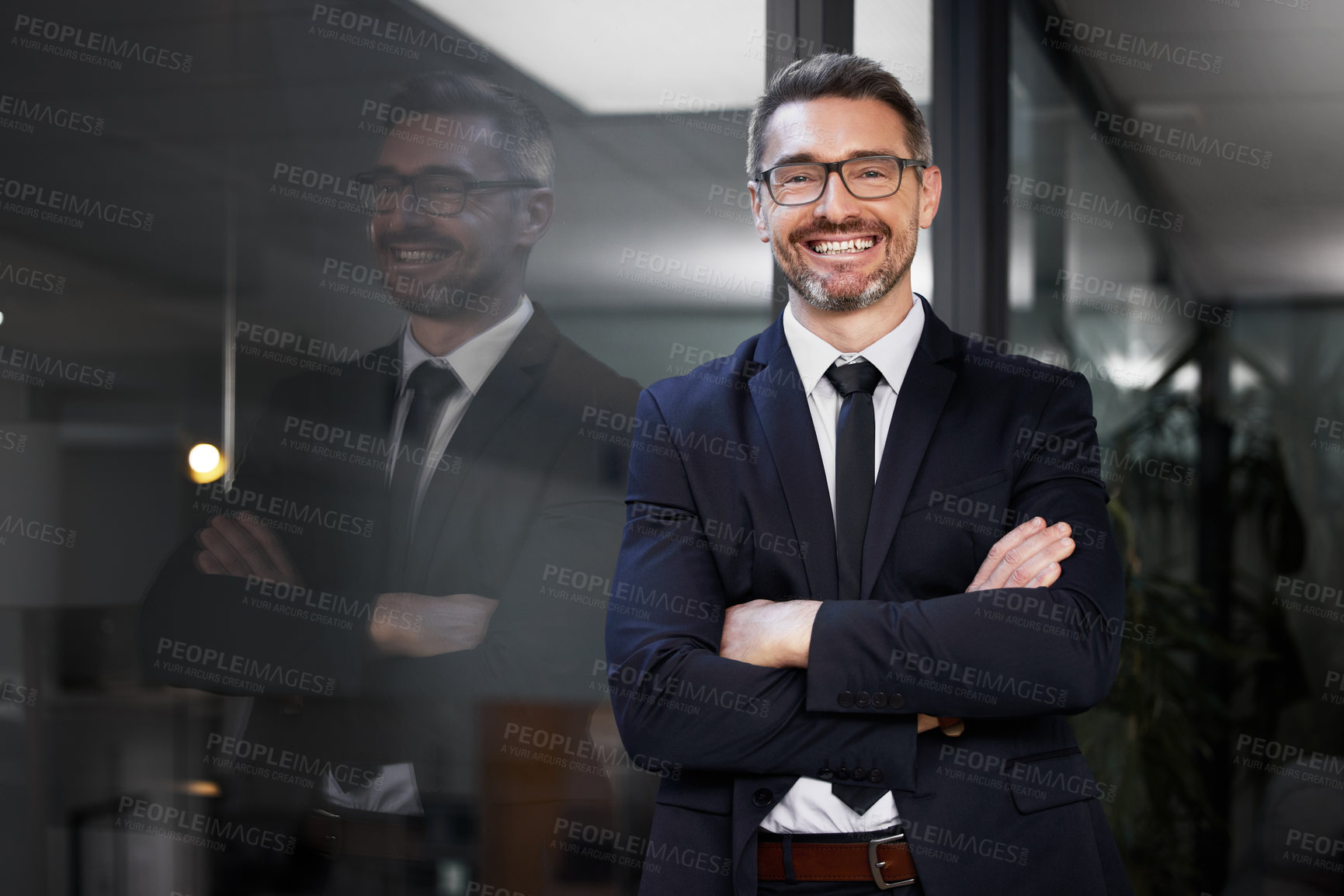 Buy stock photo Happy, portrait and mature businessman in office of law firm or company, professional and proud. Male entrepreneur or ceo of business, confident and excited for growth of legal agency and attorney