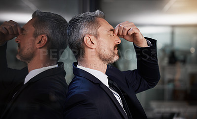Buy stock photo Window, business man and stress or headache, burnout and overworked in office. Senior male, entrepreneur and ceo frustrated, mental health and leader with depression, pain and tired in workplace