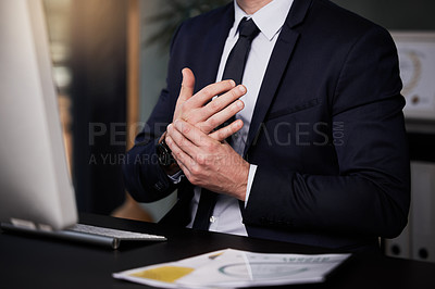 Buy stock photo Hands, business man or wrist pain in office with discomfort, inflammation or carpal tunnel injury. Male person, osteoporosis or arthritis in workplace, joint or ache or massage for relief or comfort