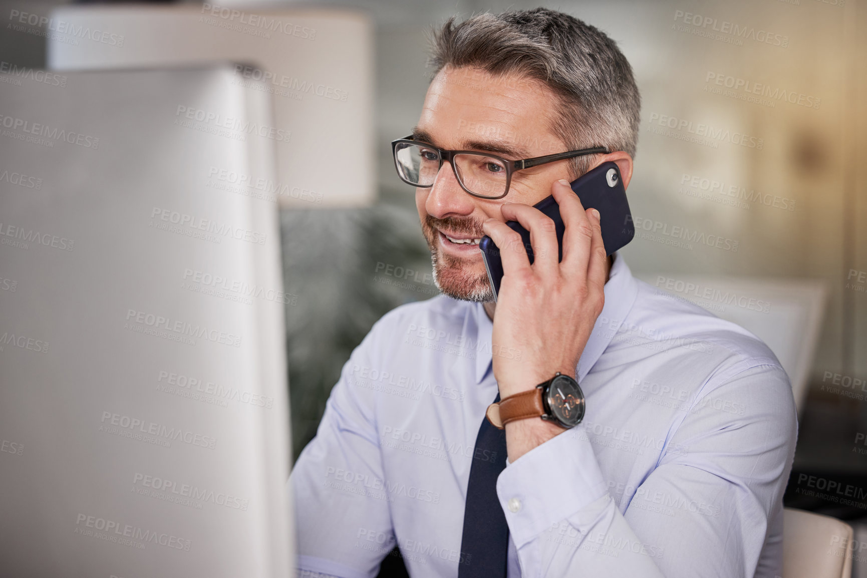 Buy stock photo Mature man, smile and office with phone call as lawyer in for conversation with client at law firm. Digital, legal advisor  and happy with discussion for connection and networking on cellphone