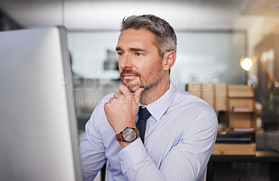 Buy stock photo Businessman, thinking and computer in office with corporate manager for project with idea. Vision, planning and technology for clients with internet for online in company with entrepreneur in job