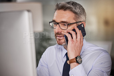 Buy stock photo Mature man, office and computer with phone call as lawyer for client or customer at law firm. Smile, legal advisor and happy with discussion for connection, networking and communication cellphone
