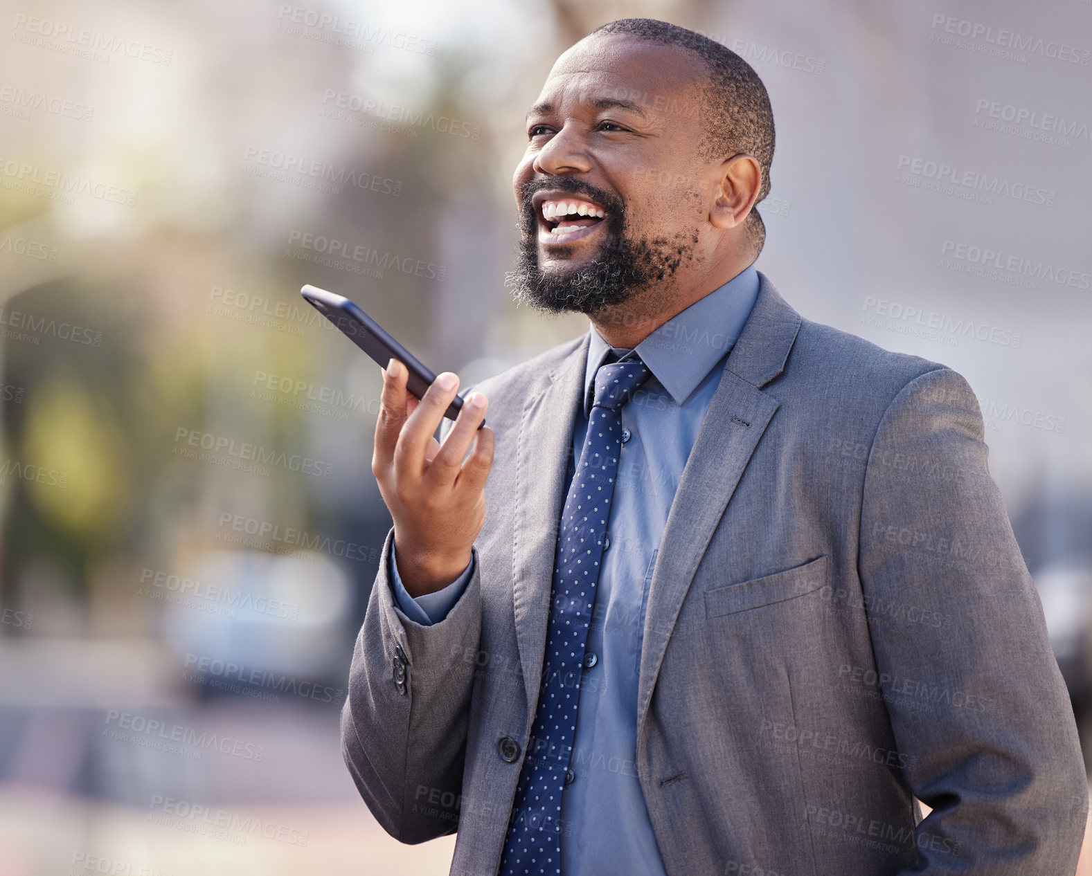Buy stock photo Voice, business and black man with phone in city for talking, conversation or salesman laughing outdoor. Mobile, happy professional and speaker call for funny joke, discussion or virtual assistant