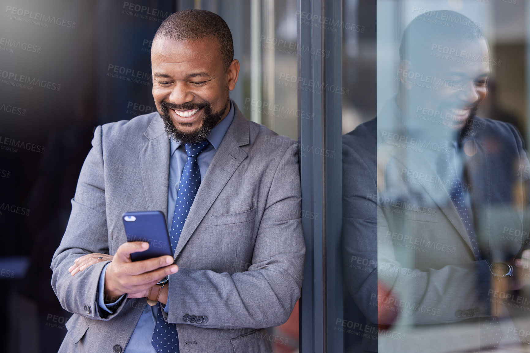 Buy stock photo Smile, business and black man with phone in city for social media, networking and salesman outdoor on internet. Mobile, happy professional and reading email, news and scroll on digital app online