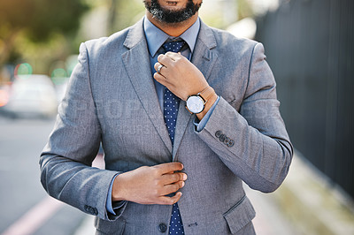 Buy stock photo Businessman, professional and fashion with tie in outdoor for style or elegance as attorney. Confident, hands and male person for formal attire with watch for positive image or attitude as lawyer 