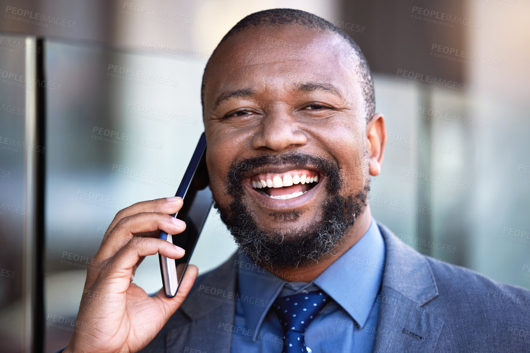 Buy stock photo Phone call, business and black man in portrait in city for talking, conversation or salesman laughing at contact outdoor. Mobile, happy professional and face of worker with funny joke or discussion 