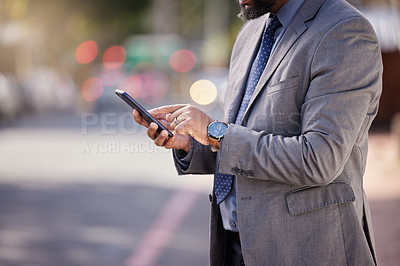 Buy stock photo Business, man in city and smartphone with hands, typing and connection with social media, internet or digital app. Outdoor, person or agent with cellphone, contact or online reading for news or email