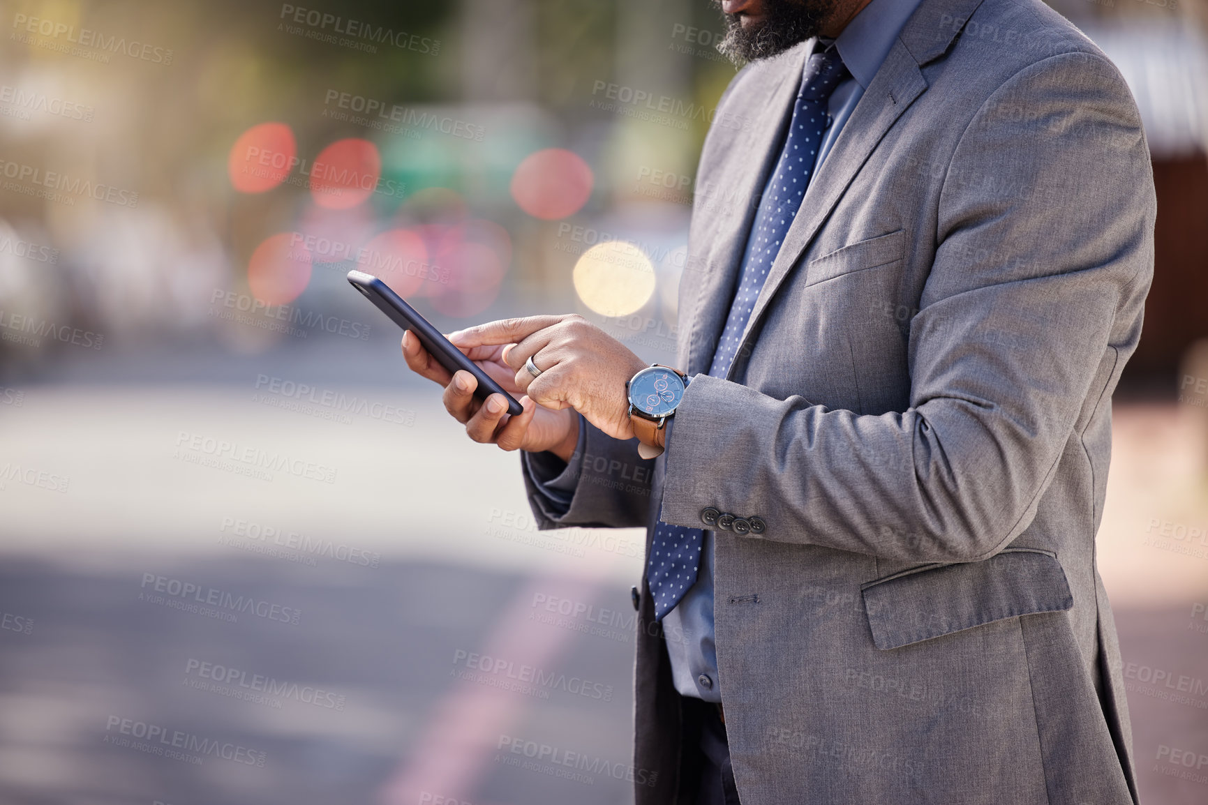 Buy stock photo Business, man in city and smartphone with hands, typing and connection with social media, internet or digital app. Outdoor, person or agent with cellphone, contact or online reading for news or email
