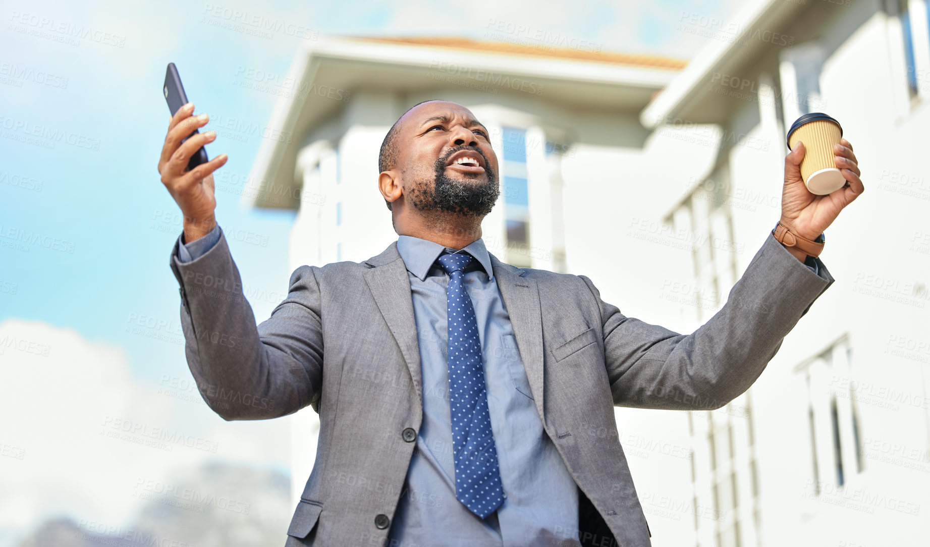 Buy stock photo Celebration, business and black man with phone in city, coffee and goal achievement of consultant in low angle. Yes, cheers and success of entrepreneur on mobile for good news, bonus or promo winner