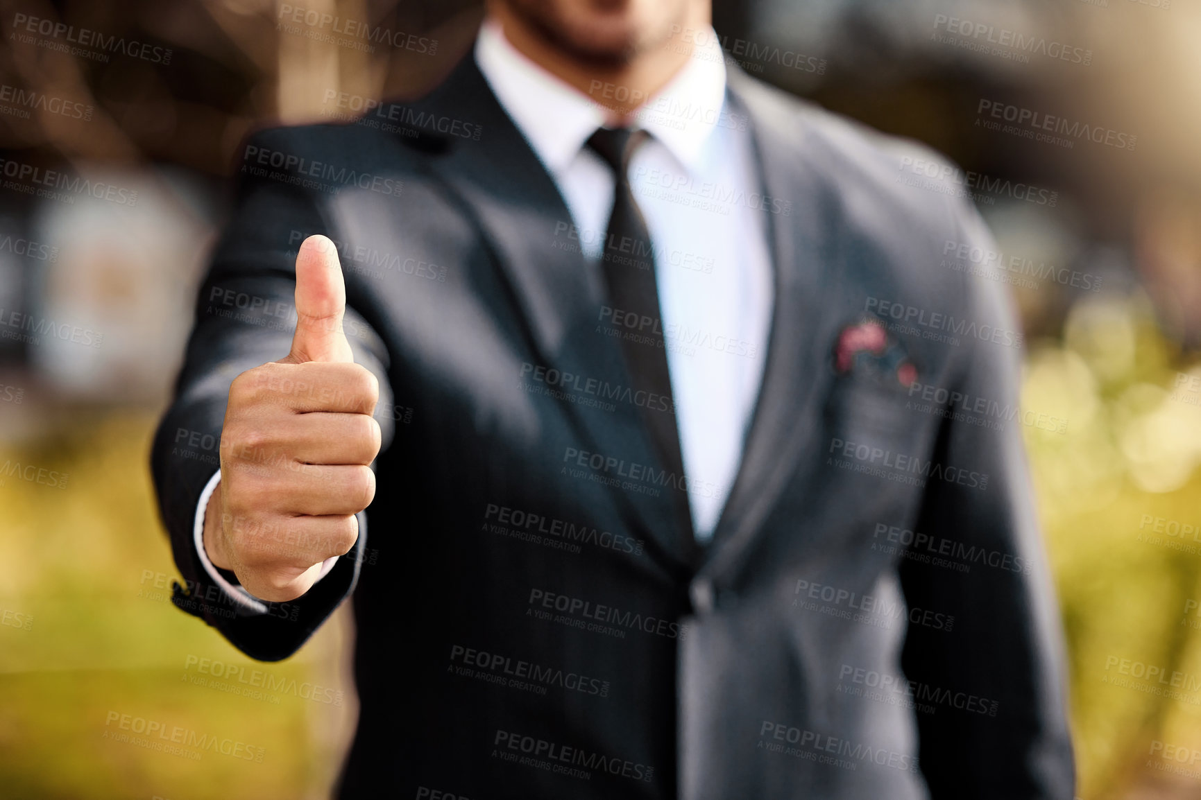 Buy stock photo Businessman, hand and thumbs up for approval, deal and agreement for corporate executive. Man, suit and yes with good news, goal and success for winner emoji with urban lawyer downtown with thank you